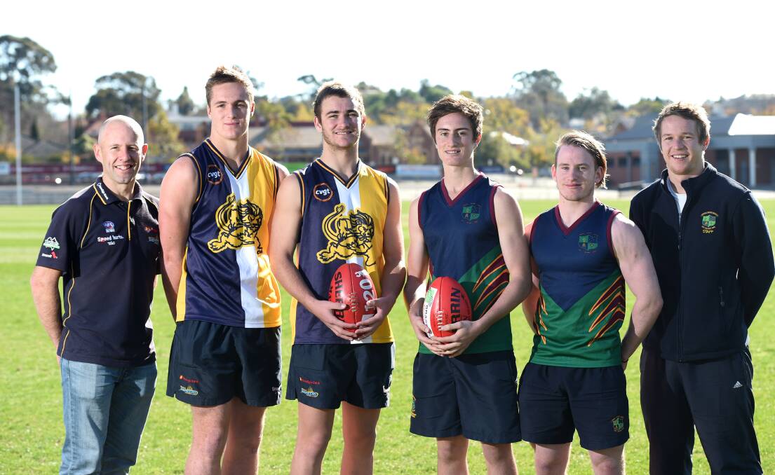 SIDE BY SIDE: Bendigo Senior Secondary College coach David Newett with key players Daniel Davie and Cameron Barrett, and Catholic College Bendigo's in-form players Ned Slater, Dylan Morris and coach Lee Coghlan. Picture: JODIE DONNELLAN