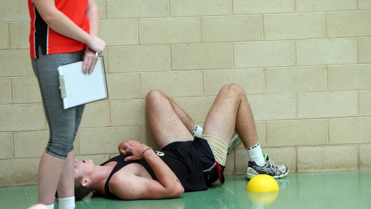 EXHAUSTED: Connor Toohey gave his all in the beep test at the Bendigo Pioneers fitness challenge. Picture: LIZ FLEMING