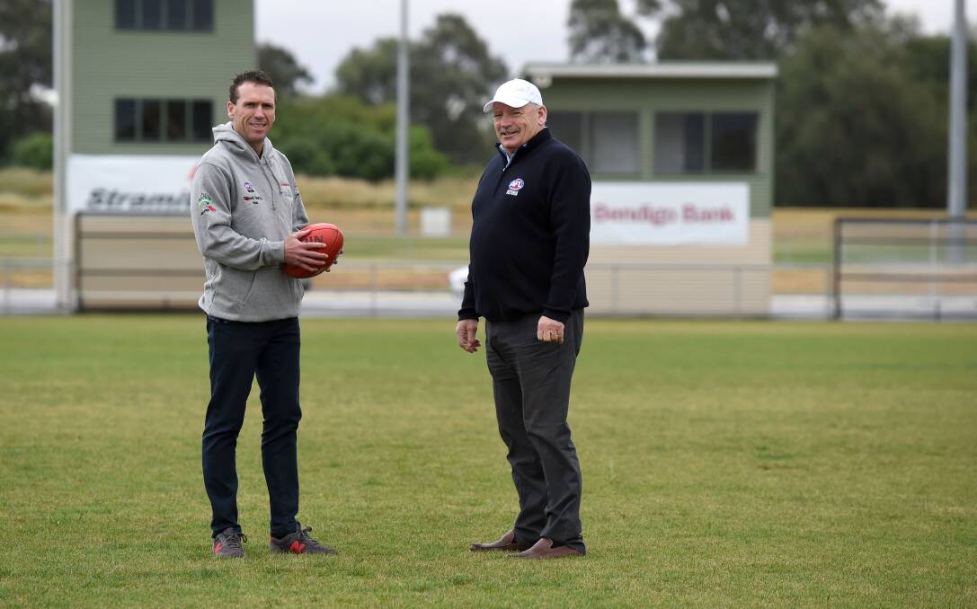 WELCOME: Bendigo Pioneers head coach Brett Henderson and regional manager Ray Byrne at the Epsom-Huntly Reserve. Picture: JODIE DONNELLAN