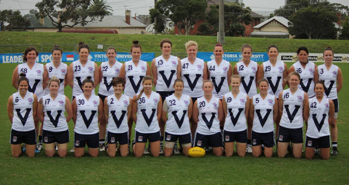 Vic Country's open-age team featuring Bendigo Thunder players Sarah Baldwin, Amanda Carrod and Alana McNabb (numbers 17, 30 and 2). Picture: AFL VICTORIA