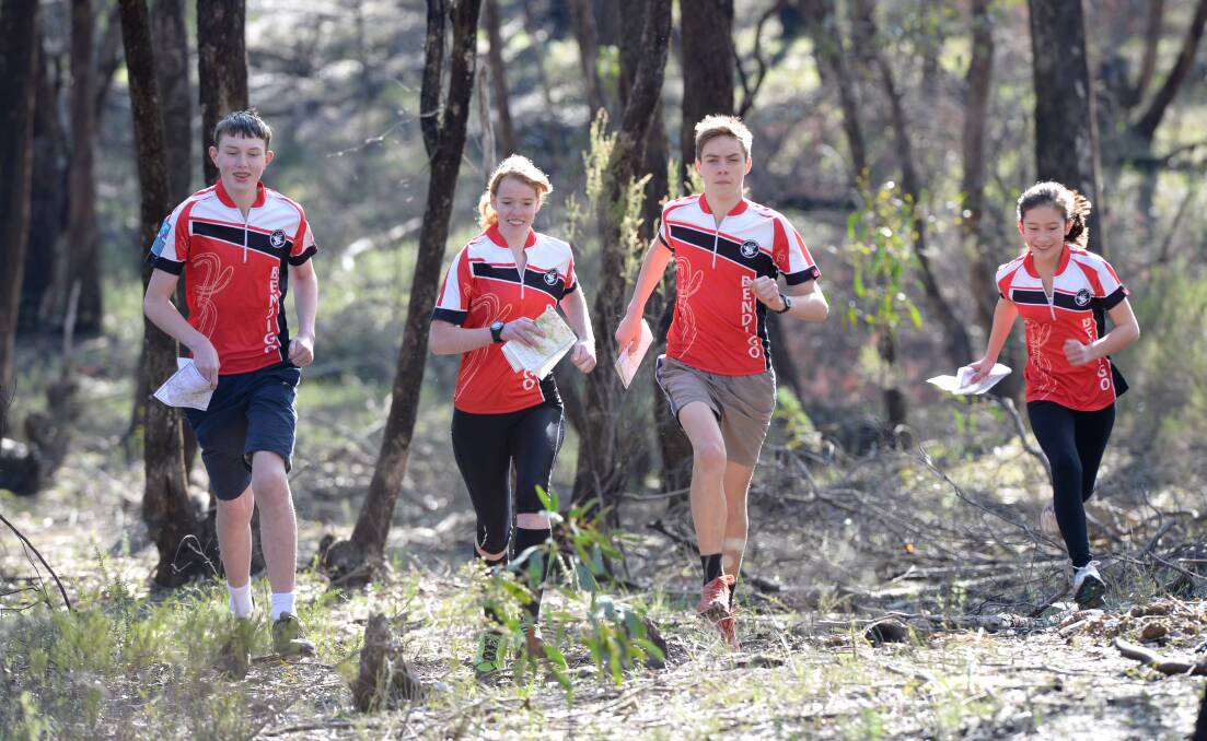 Michael Loughnan, Leisha Maggs, Lachlan Cherry and Caitlyn Steer make their way through the bush near Mandurang. Picture: JIM ALDERSEY