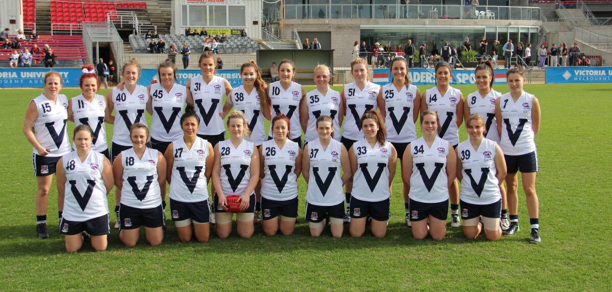 Vic Country's under-21 squad, featuring Bendigo sisters Grace and Lily Campbell (numbers 8 and 35). Picture: AFL VICTORIA