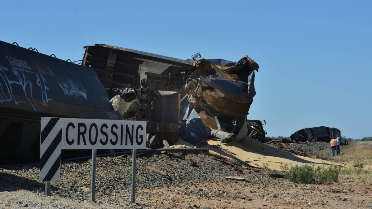 Grain train derailment at O'Tooles Rd level crossing south of Pyramid Hill
Picture: BRENDAN McCARTHY