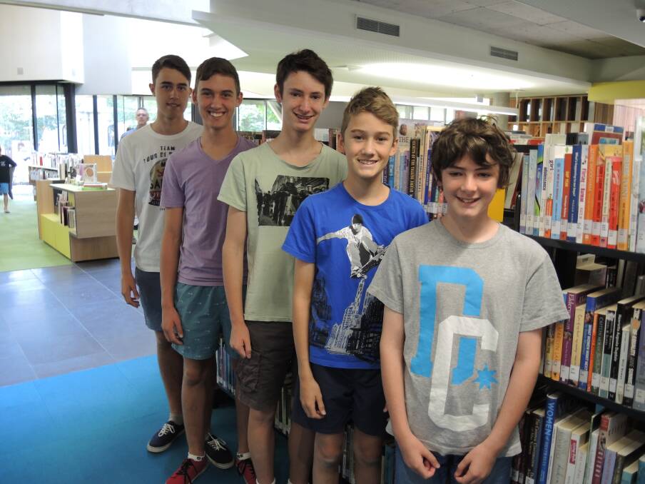 Hamish Cox, 15, Ollie Cox, 15, Zac Dohnt, 15, Sam Cox, 13, Nathan Dohnt, 13 are excited the new library is open.  