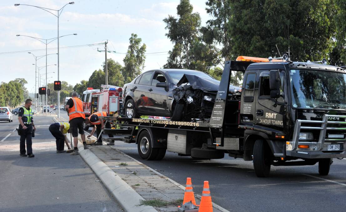 A car crashed into a power pole on High Street, Kangaroo Flat. Picture: JODIE DONNELLAN 