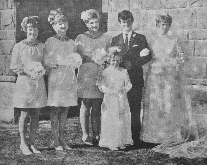 Mr and Mrs Noel Davis and their attendants following their marriage at the Sacred Heart Cathedral she is the former Sandra Hughes of Osborne Flora Hill.