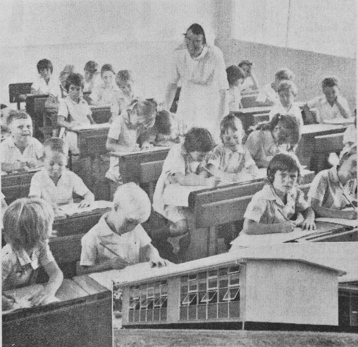 Sister Kathleen in the new St Kilians School (now St Peters School) on the students first day. (Built at a cost of $29,000)