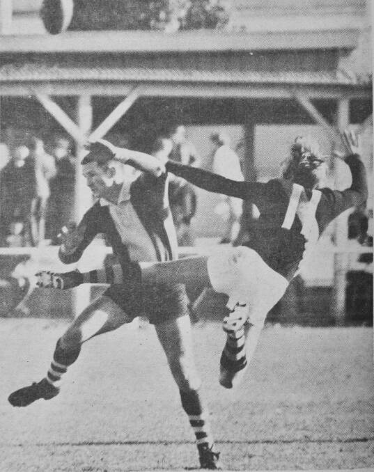 South Bendigo full forward pictured during one of his tussles with Kyneton’s Peter Scott.