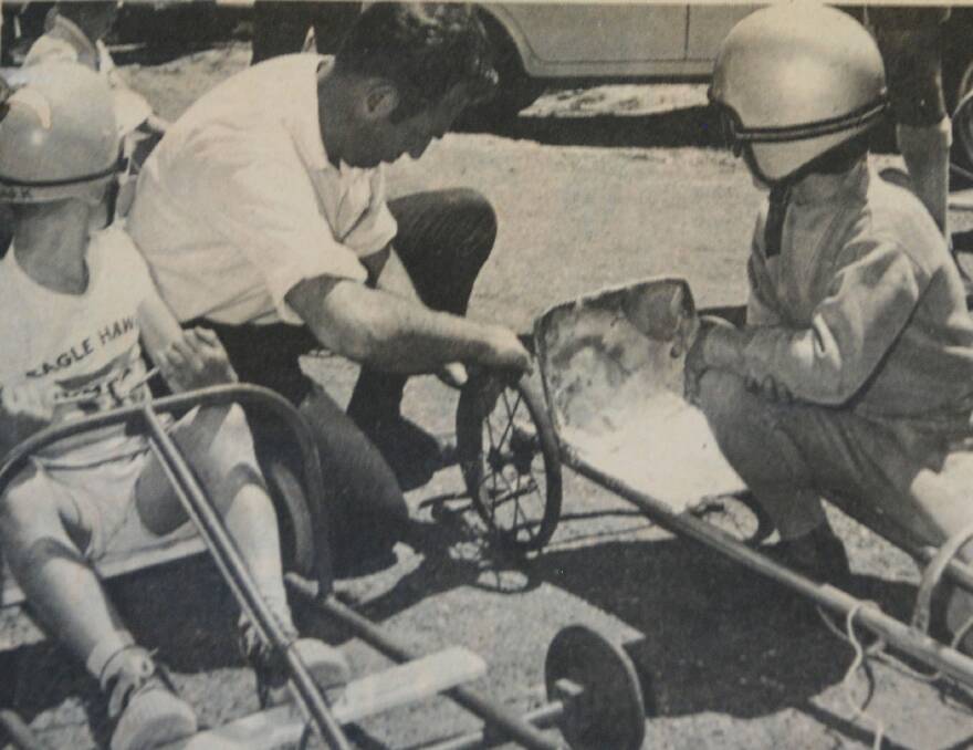 1969 Thrills and spills ~ More action at Comet Hill State School's Soap Box Derby day. 