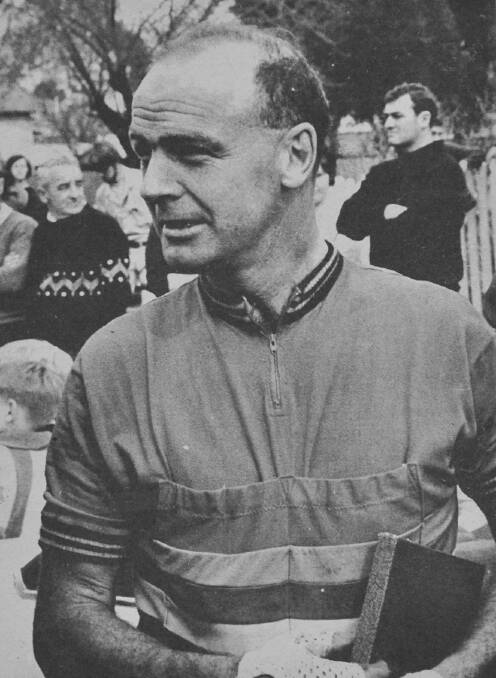 Veteran professional cyclist Bill Knevitt Pictured following his win in the 88-mile Melbourne-  Bendigo professional cycle race. Knevitt is a policeman, and has performed in many track events at the Bendigo Easter Fair.
