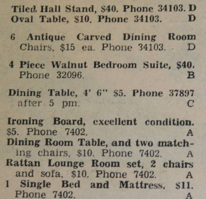 Fancy some secondhand furniture from the For Sale Classified ads section of the paper? In 1969 you could buy a four piece walnut bedroom suite for $40.