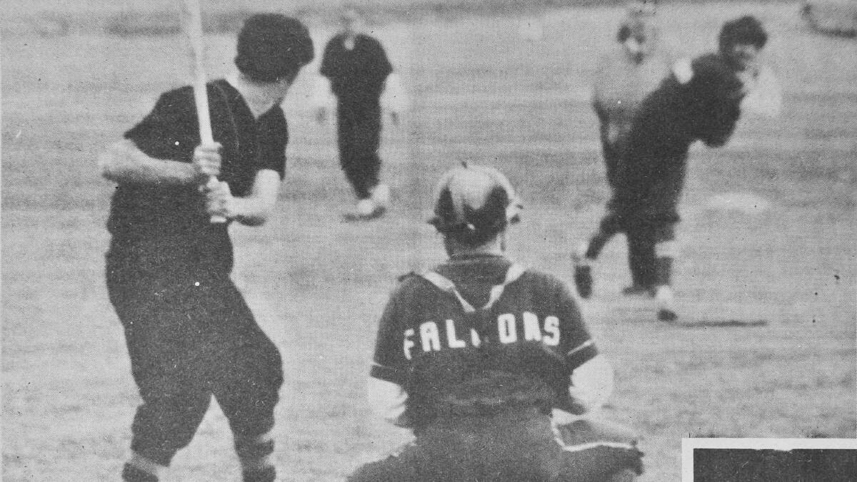 Dodger's captain Gary Campbell lines up the ball after it flies from the hand of Falcon’s pitcher Neil Rasmussen during their clash at the showgrounds. Waiting for any slip is catcher John Broadbent.