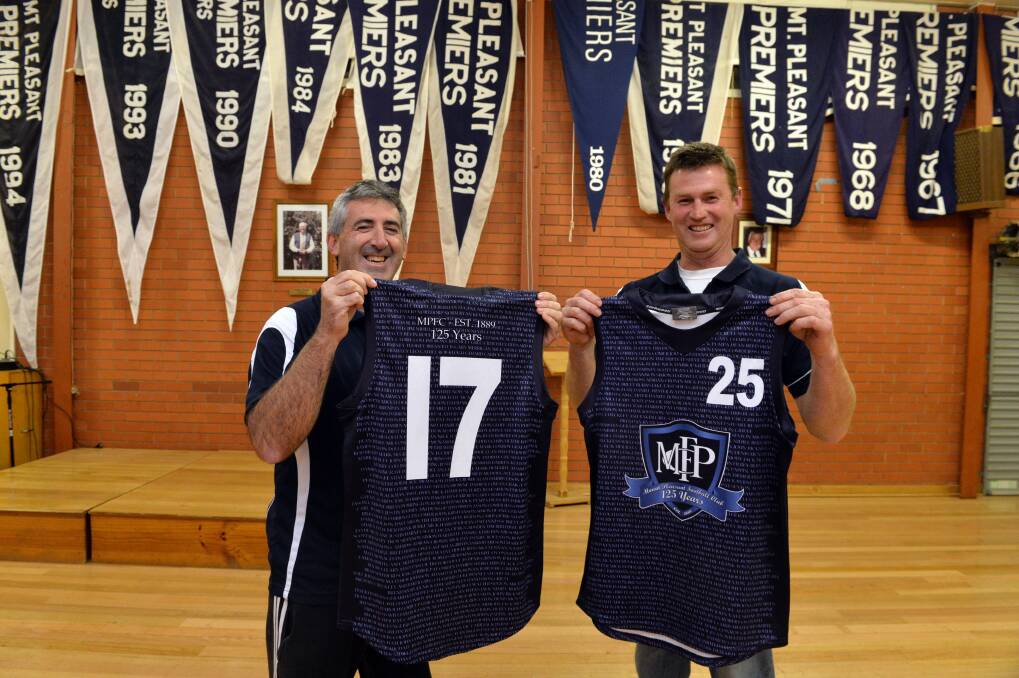 SPECIAL WEEKEND: Dean White and Nick Harrop with the Blues’ commemorative jumper. Picture: BRENDAN McCARTHY 