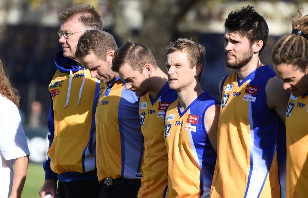 Rick Ladson (second from left) was bitterly disappointed after Bendigo's 77-point hiding to Ballarat. Picture: LACHLAN BENCE