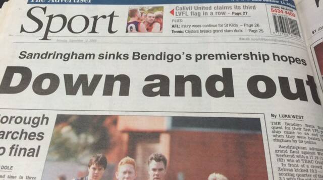 The back page of the Addy on the Monday after the Bendigo Bombers were beaten in the 2005 preliminary final.