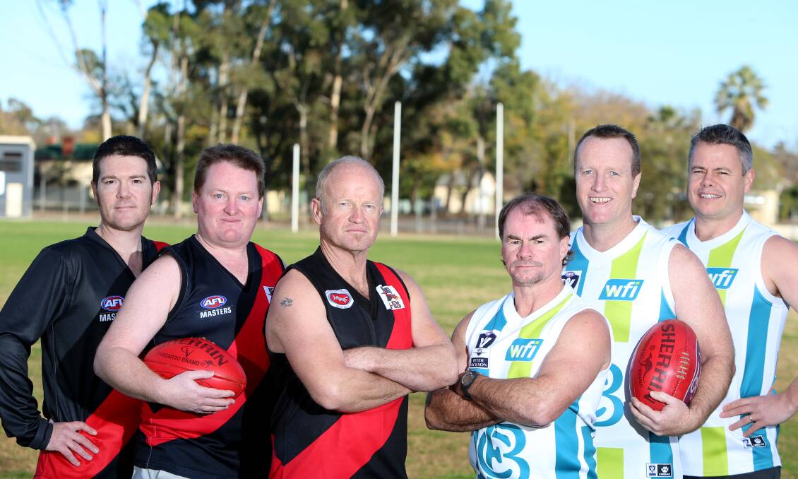 BRING IT ON: The B-52 Bombers' Andrew Johnson, Peter Kirkwood and Ken Wilson and the Oxen's Peter Tyack, Ben Smith and Ben Irwn. The two sides will play a charity game on Sunday. Picture: GLENN DANIELS