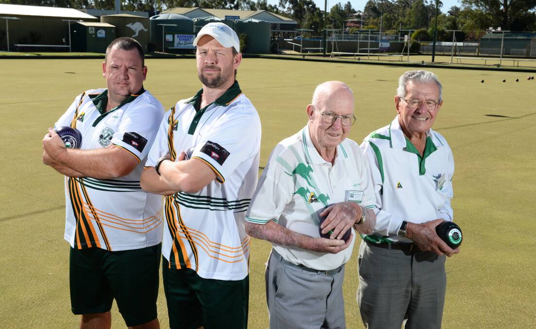 READY TO RUMBLE: South Bendigo’s Dale Oddy and Luke Freeman with Kangaroo Flat’s Ron Hand and Jim Grotto. Picture: JIM ALDERSEY