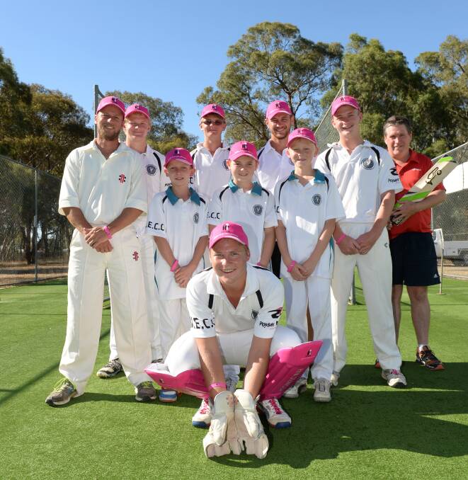 GETTING BEHIND A GOOD CAUSE: Huntly-North Epsom players prepare for Pink Stumps Day this Saturday. Back: Dallas Gill, Harry and Mitch Whittle, Quinton Bentley, Mac Whittle and Sportspower's Geoff Findlay. Middle: Liam Gill, Flynn Campbell and Jake Price. Front: Luke Price. Picture: JODIE DONNELLAN
