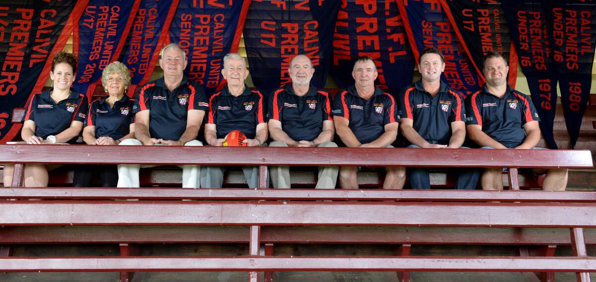 SPECIAL SEASON: Calivil United past and present players Brianna Lawry, Bev Wild, Cyril Freemantle, Darby Illingworth, Bob Boyd, Russell Boorn, Andrew Freemantle and Marcus Allen ahead of the club's 125th year. Picture: JIM ALDERSEY