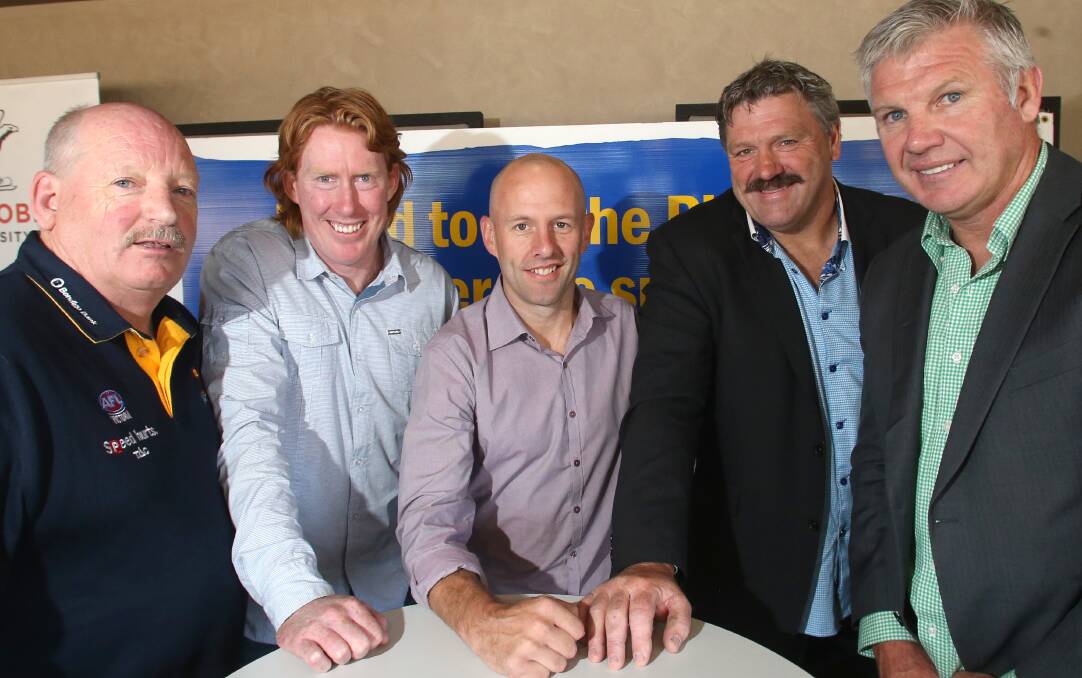 ENTERTAINING DAY: Ray Byrne, Cameron Ling, David Newett, Brian Taylor and Danny Frawley at the Bendigo Bank Pioneers Football Club's season launch at Chaser's. Picture: GLENN DANIELS