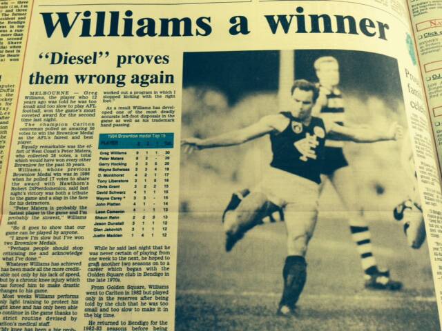 BENDIGO LEGEND: The back page of the Bendigo Advertiser after Greg Williams’ 1994 Brownlow win.