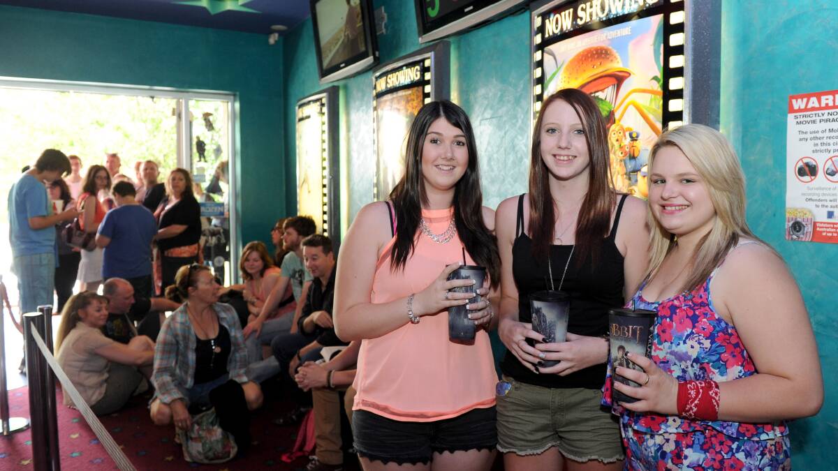 Steph Warwick, Bronte Shelley and Laura Wild at the front of the line for The Hobbit. 
Picture: JODIE DONNELLAN 
