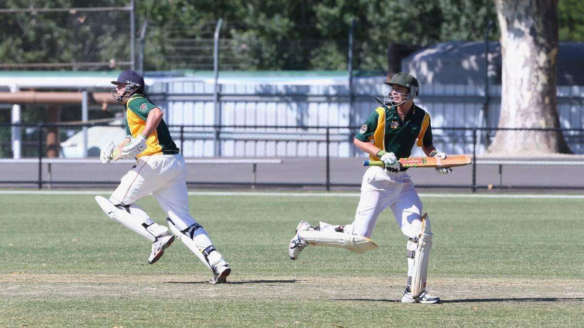 Division one clash between Murray Valley (Batting) and Northern Districts (fielding). 
Batting: Tom Glover (on strike) and Liam Evans get the winning run for Murray Valley.
Picture: PETER WEAVING