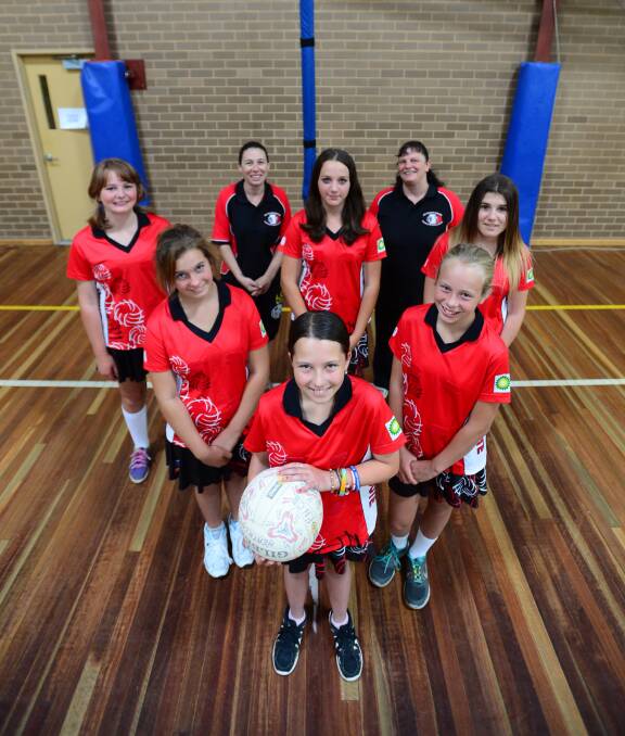 READY: Skye Pearce, Chloe Schmidt and Jade Moule (front). Ebony Latross, Haylee Alexander and Codie Jetson with coaches Jes Colaiacovo and Cathy Ferguson (back). Picture: JIM ALDERSEY
