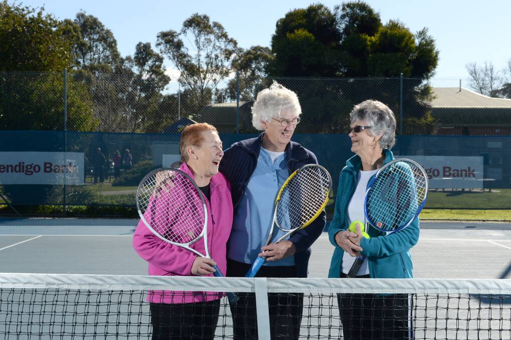 FUN: Bendigo Veteran Tennis Club players Ynnette Mohi, Denise Baker and Norma Endersby. Picture: JIM ALDERSEY