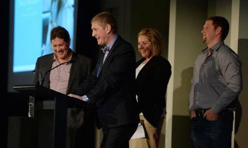 LOVELY MEMORIES: Sally McLean's family, from left, husband Ray, daughter Courtney, son Jesse (speaking) and son Jackson celebrate her life. Picture: KATE HEALY