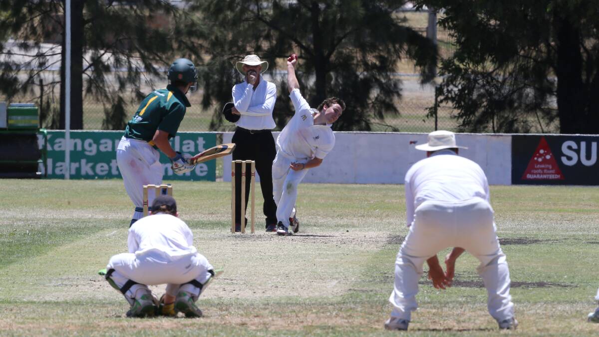 Country Cricket Week action at North Bendigo,Wimmera Mallee (batting) v Benella.
Bowler Fintan Brazil.
Batter Jack Leith.

Picture: PETER WEAVING
