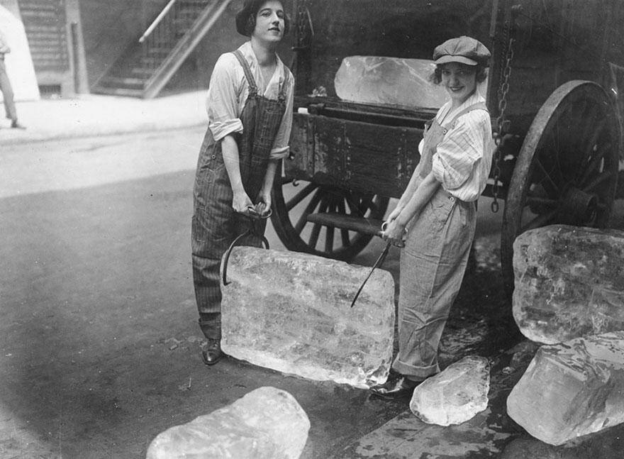 Women are pictured hard at work delivering ice in this undated picture.