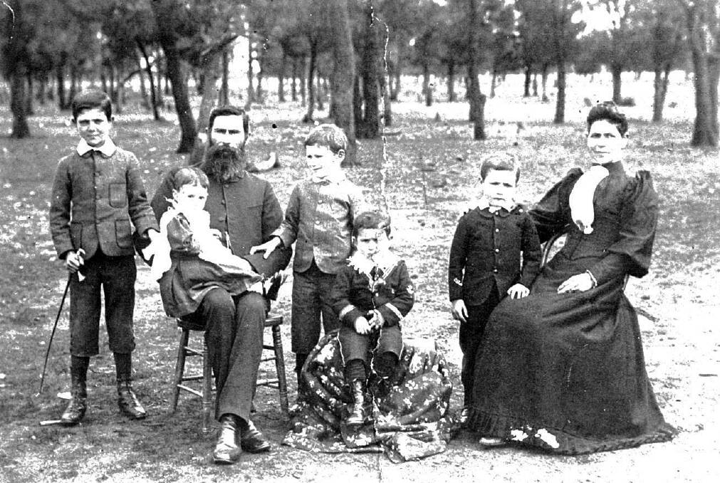 1893 Elizabeth (nee Sach) and Thomas Hogan with family at their farm at Sandhill Lake, near Kerang. The photo includes five of their eight children: Will, Susie, Frank, Jim and Jack.Three children born later included Katherine who became Sister Norbeta, teaching English at St Mary's College, Bendigo. Elizabeth, the daughter of a German miner, lived in Eaglehawk. At the age of 14 she taught in a tent school in Pegleg Road. Elizabeth and Thomas Hogan are the grandparents of locals Nell McDougall, Alice Geary and Therese Costelloe and great-grandparents to Noelene Scales and Wilma McIntyre. 