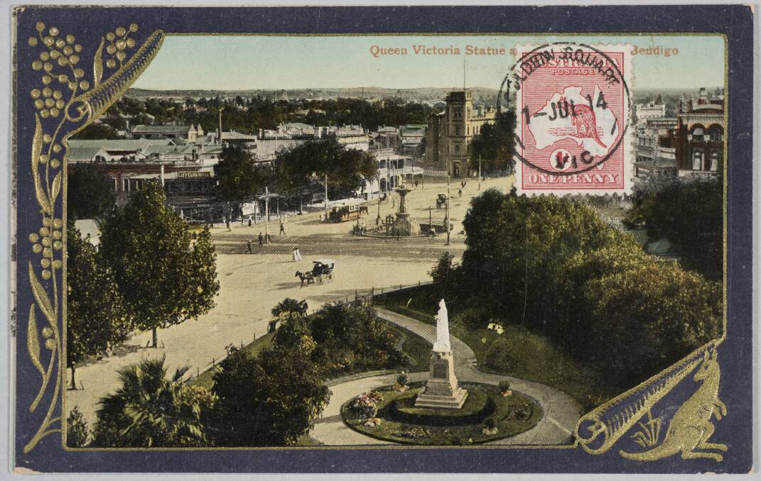 The township of Bendigo in 1914. Valentine’s Co. Ltd (Valentine & Sons) 1825–1963, Melbourne, Postcard of Queen Victoria statue and Bendigo township 1914, ink and gold embossing on card. Collection Dennis O’Hoy.