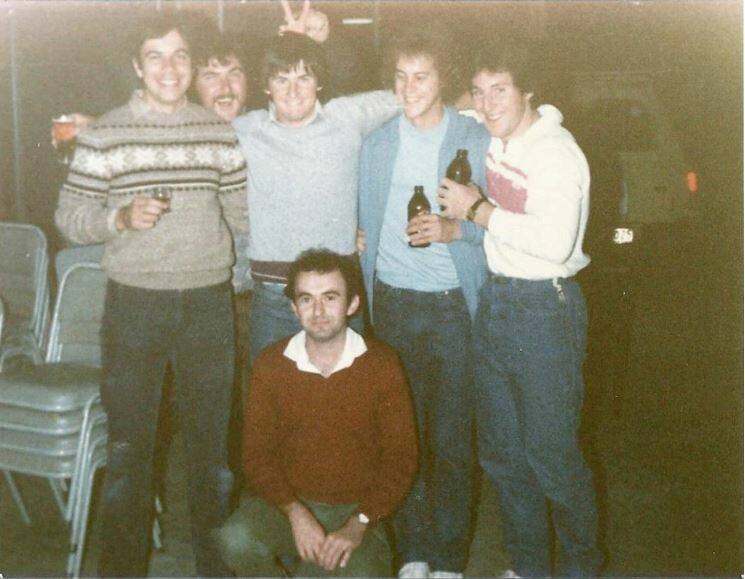 1981 Falcons Baseball Club presentation night, back row (left to right) Terry Smith, Kevin Dowd, Peter Dillon, Rod Smith and Noel Dillon. Front: Unknown. 