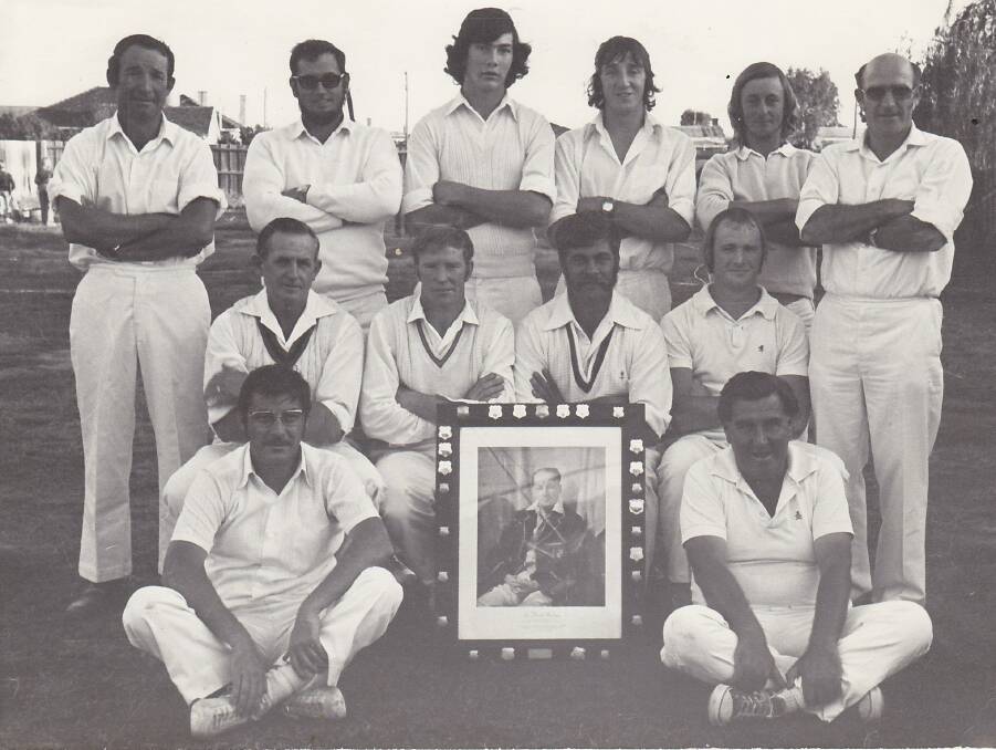 1970s Pyramid Hill cricketers playing for the Don Bradman Premiership Trophy. Back: Robert Stone, Peter Grayson, Ian Davis, Steven Ervin, Lex Forster, Alan Henderson. Middle: John Gregory, Terry Mooney, Colin Noelker, possibly Steven Hoffman. Front: Gary Beckett, Vaughan Herrick. The club is seeking information about the Pyramid Hill Cricket Club and the Mologa & District Cricket Association's attendance at Country Week Cricket in Bendigo during the 1930s. If you know anyone in this photo or have any information, call John on 5444 0697.