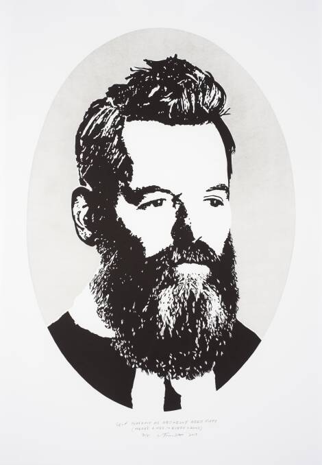 Clayton Tremlett, Self-portrait as Ned Kelly aged fifty (There’s a Ned in every crowd), 2015 . Linocut on paper. Courtesy of the artist.