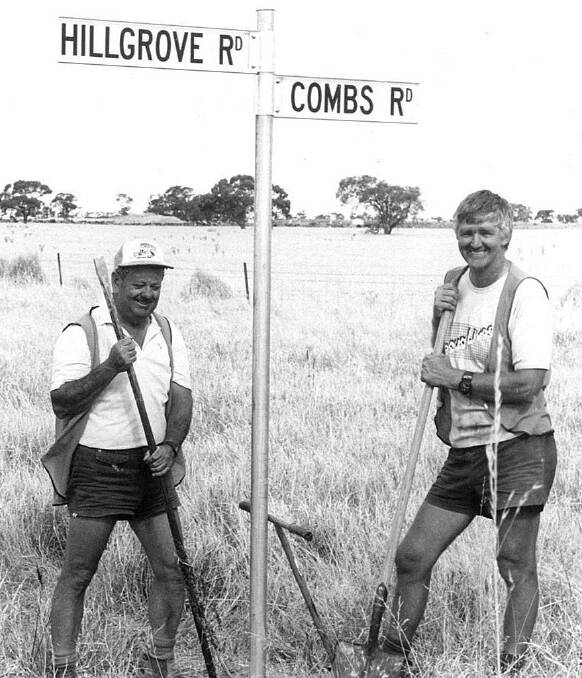 1990 Shire staff members Brian Griffiths (left) and Patrick McLoughlan were photographed at the last sign on the highway just west of Birchip. This photo was taken after Councillors decided to re-sign all the roads in the shire and in some cases the roads have also been renamed. 