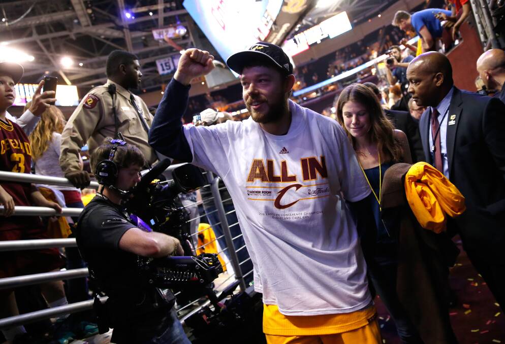 ALL IN: Matthew Dellavedova reacts to the crowd after the Cavs won the NBA eastern conference finals. Picture: GETTY IMAGES