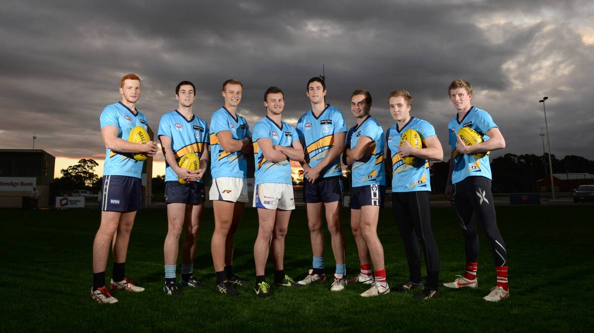 SUNRAYSIA SUNS: Bendigo Pioneers clubmates Ryley Barrack, Lachlan Ryan, Sam Simmons, Jayden Fox, Josh Ryan, Matthew Chisari, Ethan Ban and Luke Coates are among a group of talented footballers who have relocated from Mildura or Walpeup-Underbool to live and study in Bendigo.  Picture: JIM ALDERSEY 
