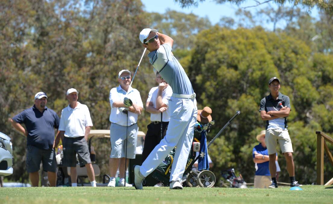 POWER: Lucas Herbert on the first tee at Bendigo Golf Club. Pictures: JODIE DONNELLAN