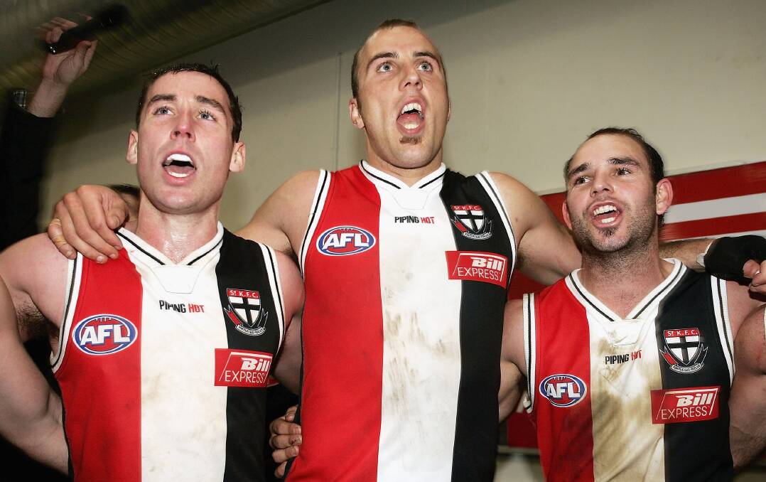 Belting out the Saints' club song with Steven Powell and Fraser Gehrig in 2005.