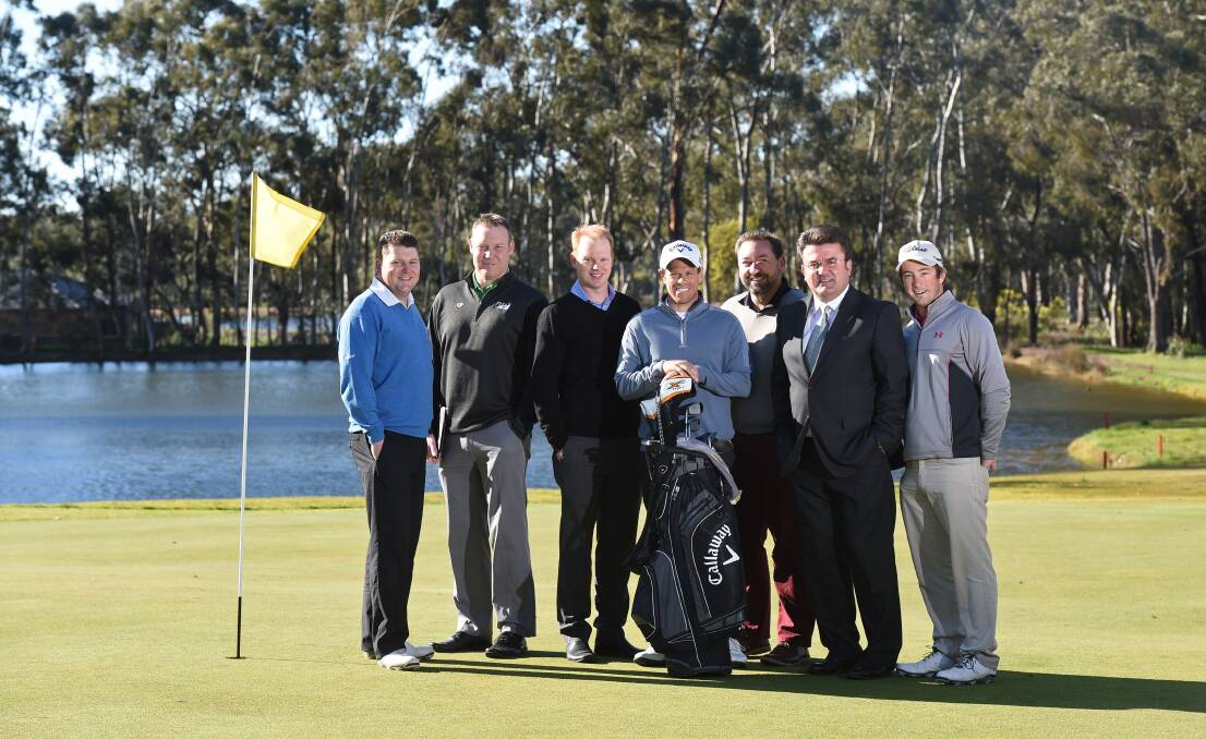 GOLF COUP: Erik Hendrix (Neangar Park Golf Club head professional), Cameron Davies (southern division co-ordinator for PGA), Nic Blake (general manager of Neangar Park Golf Club), Andrew Martin (golf touring professional), Phil DeAraugo (president of Neangar Park Golf Club), Terry Karamaloudis (Major Events Manager at City of Greater Bendigo) and Kris Mueck (golf touring professional).  Picture: JODIE DONNELLAN
