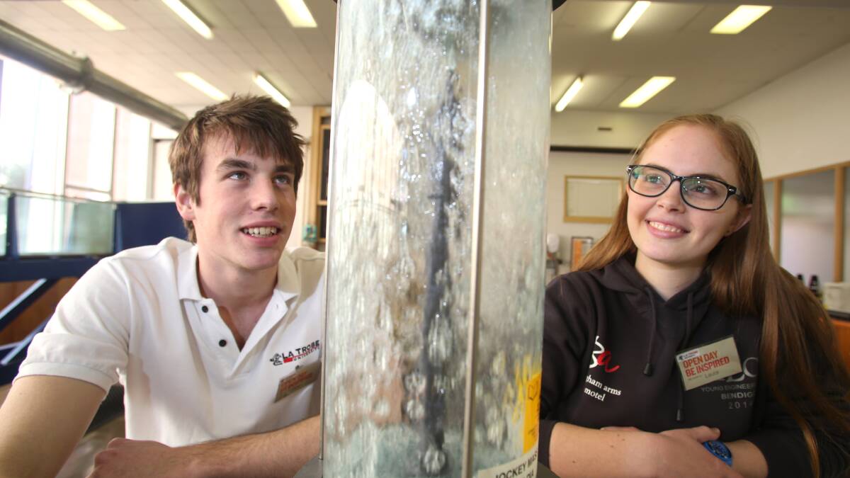DEMONSTRATION: Engineering students Ryan Dressens and Laura Sonnberger demonstrate hydrolic pressure flows.
