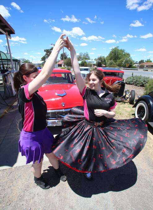Caitlin and Kayla O'Loughlin with Bendigo Rock'n'Roll Club performing at
Inglewood. Picture: PETER WEAVING