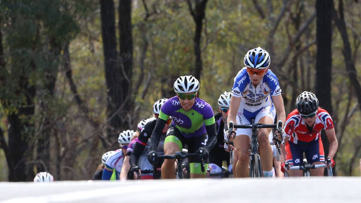 Action of the women's road race for Victorian Road Championships.
Race pack at bell lap.
Picture: PETER WEAVING
091113