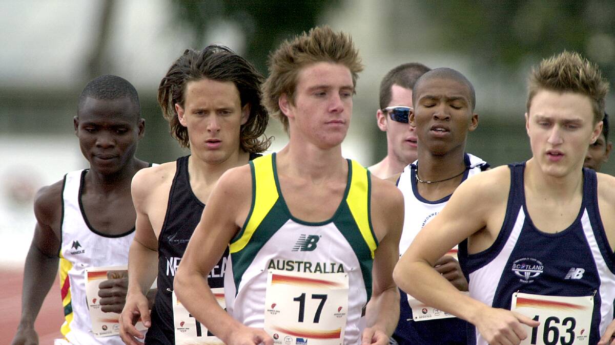 Dane Frey from Australia leads the mens 1500m field into the final lap. The Australian ran himself into a silver medal behind South African athlete Isaac Mboyaza. Picture: PETER HYETT.