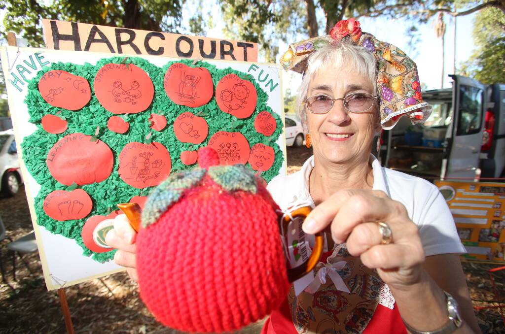 Harcourt CWA's Marlene Bell, with an apple tea cosy.