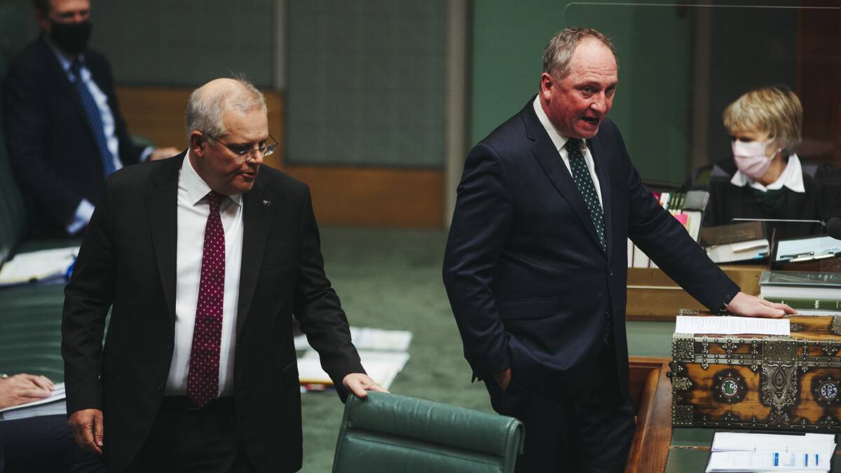 Deputy Prime Minister Barnaby Joyce holds the floor in the House of Representatives as Prime Minister Scott Morrison stands up. Picture: Dion Georgopoulos