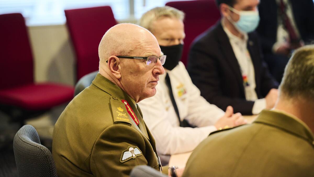 Vaccine rollout tsar Lieutenant-General J.J. Frewen on a video call with state premiers in July. Picture: Getty Images